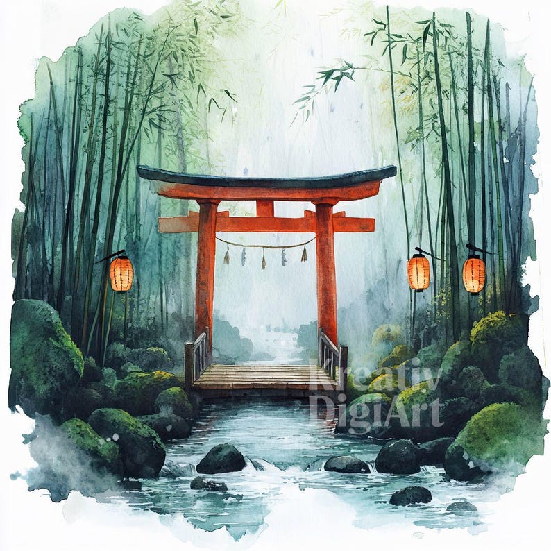 12 Bamboo Torii Gate Clipart, Japanese Forest Landscape JPG, Watercolor ...