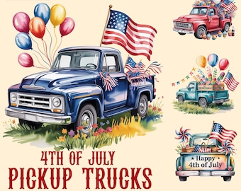 Watercolor Classic Pickup Truck Clipart, 4th of July Patriotic Truck PNG, Vintage Truck Sublimation, Independence Day Printable, Digital