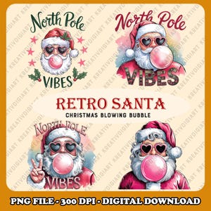 Puede incluir: Cuatro ilustraciones digitales de Papá Noel con gafas de sol y soplando una burbuja. Cada imagen presenta un Papá Noel diferente con un fondo y un texto diferentes. El texto incluye "Polo Norte" y "Vibes".