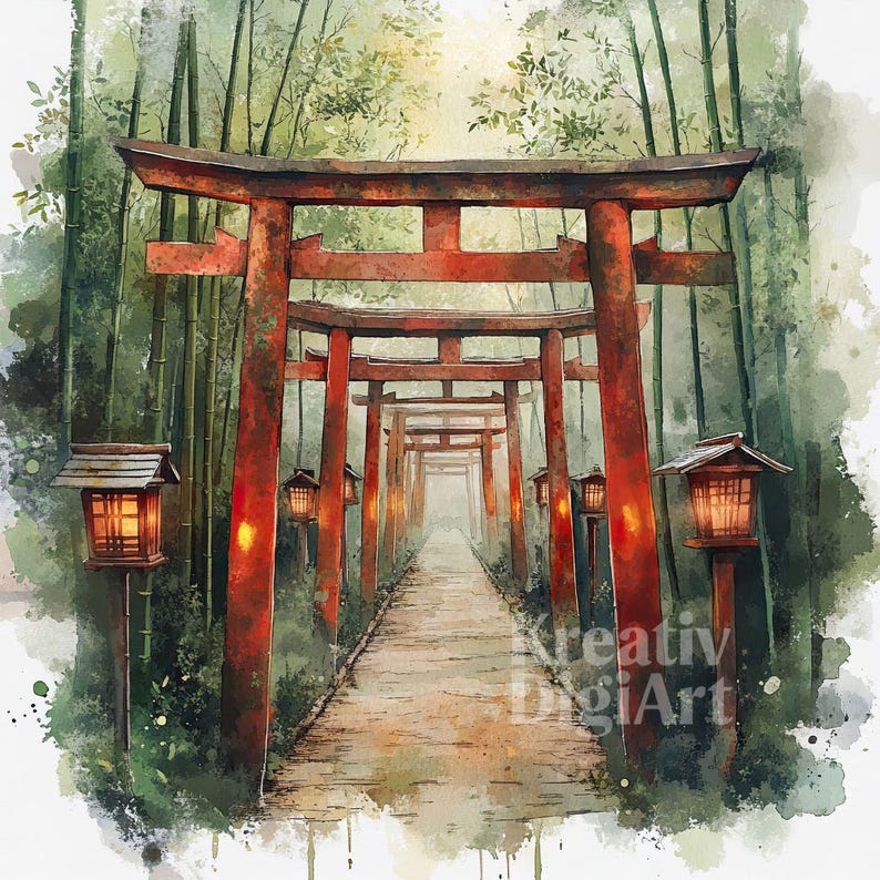 12 Bamboo Torii Gate Clipart, Japanese Forest Landscape JPG, Watercolor ...