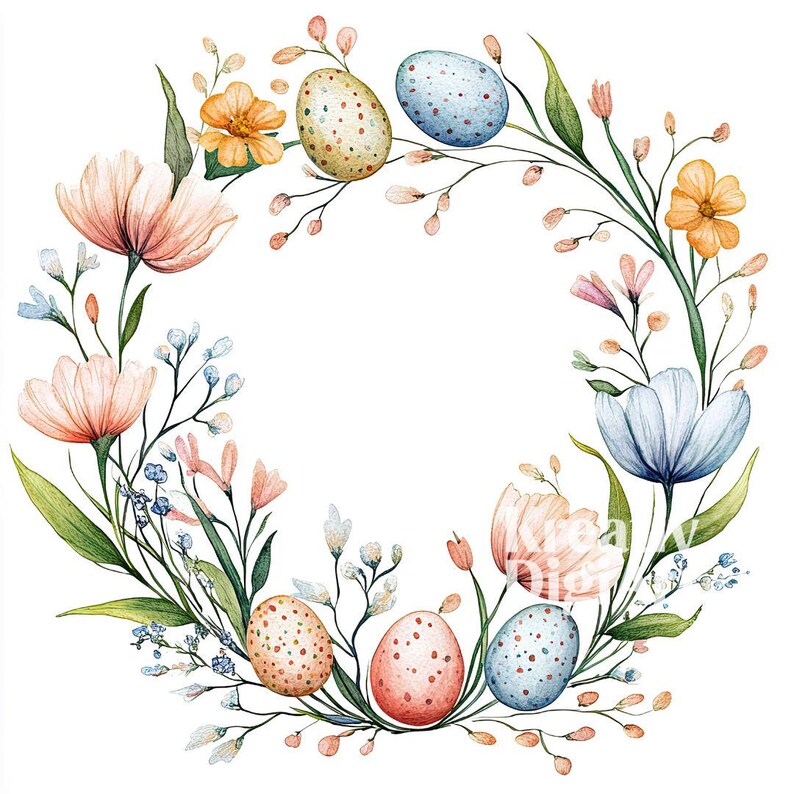 12 Easter Wreath Clipart, Watercolor Spring Floral Egg Wreath JPG ...