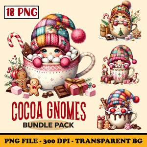 Könnte beinhalten: Ein Set mit 18 digitalen Illustrationen von Gnomen in Tassen mit heißer Schokolade. Die Gnomen tragen bunte Hüte und Schals und sind von festlichen Weihnachtsdekorationen umgeben. Die Bilder sind im PNG-Format und haben einen transparenten Hintergrund.