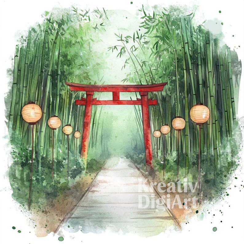 12 Bamboo Torii Gate Clipart, Japanese Forest Landscape JPG, Watercolor ...