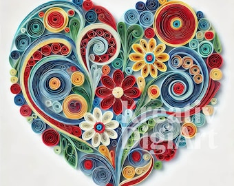 Digital Paper Quilling Heart Clipart, Love Heart Quilling Clipart, Colorful Quilled Hearts JPG, Card Making, Scrapbooking, Digital Download