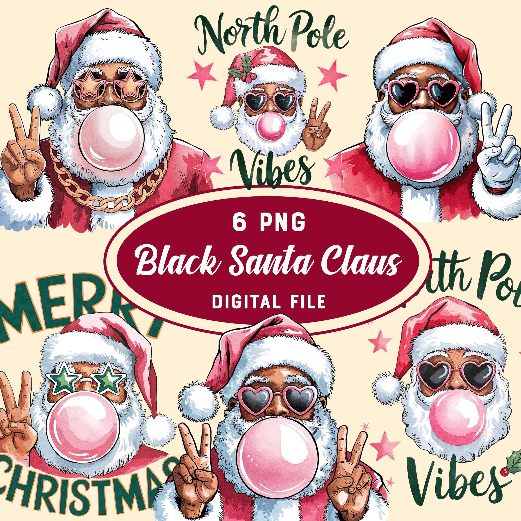 Retro Santa Christmas Blowing Bubble PNG, Black Santa With Sunglasses PNG, Sublimation, North Pole Vibes, African American Melanin Santa