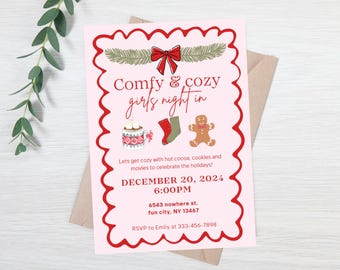 Editable Girls Night Party invitation - Girls night in evite - comfy and cozy holiday party - sleepover invitation - friendsmas party evite