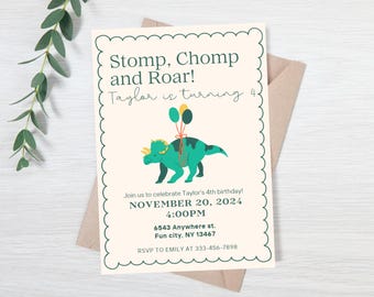 Editable dinosaur birthday invitation - stomp chomp and roar birthday evite - boys birthday party invite - girls birthday party invite