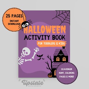 K&ouml;nnte beinhalten: Ein lilafarbener Umschlag mit einem Halloween-Aktivit&auml;tsbuch f&uuml;r Kleinkinder und Kinder. Der Umschlag zeigt ein Skelett, ein Spukhaus, Flederm&auml;use und K&uuml;rbisse. Der Titel "Halloween Activity Book for Toddlers & Kids" ist in fetten, orangefarbenen Buchstaben geschrieben. Der Text "25 Pages Instant Download" befindet sich in einem Kreis mit orangefarbenem Hintergrund und schwarzem Umriss. Der Text "Scavenger Hunt, Coloring Pages & More!" befindet sich in einem Kreis mit schwarzem Hintergrund und wei&szlig;em Umriss.