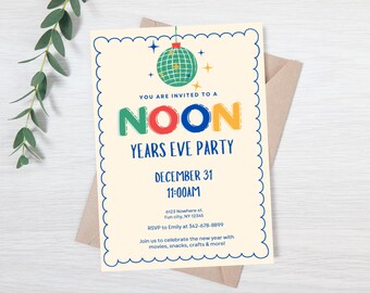 Editable Noon years eve party invite - Kids new years eve party evite - digital new years eve invite - retro new years eve party invitation