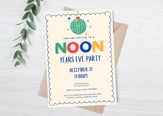 Editable Noon years eve party invite - Kids new years eve party evite - digital new years eve invite - retro new years eve party invitation