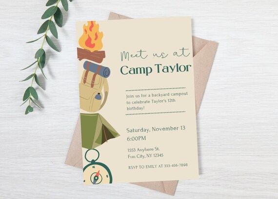 Editable camping birthday invitation - backyard campout birthday evite - boys birthday party invite - girls birthday party invite