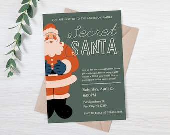 May include: A green invitation card with a cartoon Santa Claus illustration. The text reads "You are invited to the Anderson Family Secret Santa. Join us for our annual Secret Santa gift exchange! Please bring a gift valued a $20 if you would like to participate in the secret santa! Saturday, April 25 6:00PM 1553 Nowhere St. Fun City, NY 12345 RSVP to Emily at 333-456-7898"