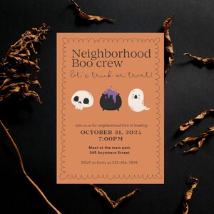 Modèle d'invitation d'Halloween modifiable - astuce de quartier - invitation d'équipage de boo - evite de farce ou de plaisir - fête d'halloween