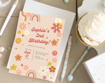 Editable girls birthday party invitation template - toddler birthday party - retro birthday party - flower birthday party - digital birthday