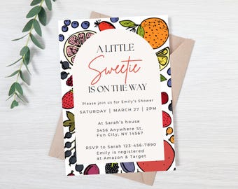 Editable baby shower invitation - gender neutral baby shower - spring baby shower - fruit themed - sweetie on the way baby shower - evite