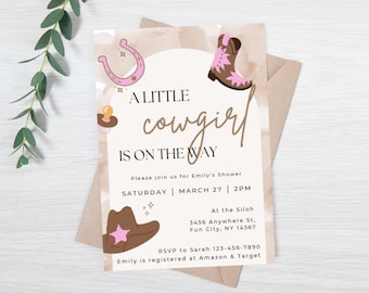 Editable baby shower invitation - western theme baby shower - cowgirl baby shower - water color baby shower - baby girl shower evite