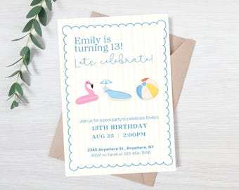 Editable teen pool party invitation - pool party birthday evite - kid pool party invite - girls birthday party invite - simple pool party