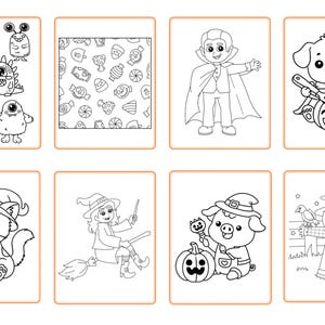 K&ouml;nnte beinhalten: Ein Satz von zehn Schwarzwei&szlig;-Malvorlagen mit Halloween-Motiven. Die Figuren umfassen einen Vampir, eine Hexe, eine Katze, ein Schwein, einen Vogelscheuche und einen Hund. Die Objekte umfassen einen K&uuml;rbis, einen Zuckerstock und einen Lolli.