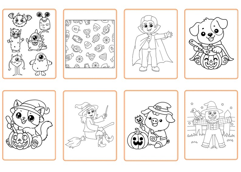 K&ouml;nnte beinhalten: Ein Satz von zehn Schwarzwei&szlig;-Malvorlagen mit Halloween-Motiven. Die Figuren umfassen einen Vampir, eine Hexe, eine Katze, ein Schwein, einen Vogelscheuche und einen Hund. Die Objekte umfassen einen K&uuml;rbis, einen Zuckerstock und einen Lolli.
