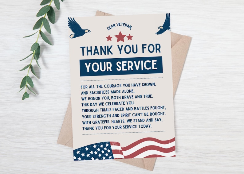 May include: A card with a red, white, and blue American flag design. The card says "Dear Veteran, Thank You For Your Service." The card also includes a message of gratitude for the courage and sacrifices of veterans.