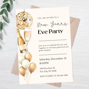 May include: A New Year's Eve party invitation with a gold disco ball, champagne flutes, and a bottle of champagne. The invitation includes the date, time, and location of the party. RSVP to Emily at 333-456-7898.