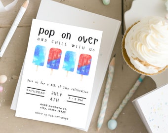 Editable pop on over party invitation template - fourth of july party - memorial day party - america themed party - red white and blue party