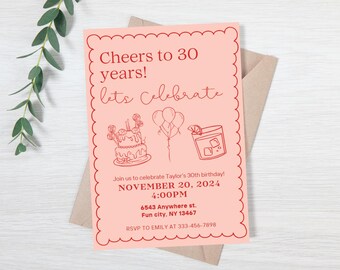 Editable 30th birthday party invitation - 30th birthday evite - cheers to 30 years invite - 30th birthday dinner party invitation