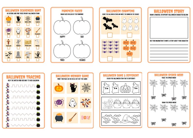 K&ouml;nnte beinhalten: Ein druckbares Halloween-Aktivit&auml;tsheft mit acht Seiten voller Spiele und Aktivit&auml;ten f&uuml;r Kinder. Die Seiten beinhalten eine Schnitzeljagd, K&uuml;rbisgesichter, Z&auml;hlen, eine Geschichte, Nachzeichnen, ein Ged&auml;chtnisspiel, Gleiches und Unterschiedliches und Spinnennetze.