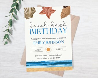 Editable  beach birthday invitation - beach birthday evite - beach trip party invite - girls birthday party invite - boys party invite