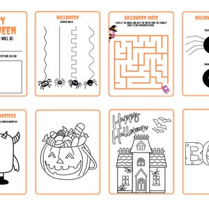 K&ouml;nnte beinhalten: Ein druckbares Halloween-Aktivit&auml;tsheft mit Schwarzwei&szlig;illustrationen. Das Heft enth&auml;lt Aktivit&auml;ten wie ein Labyrinth, ein Monster zum Ausmalen, eine Spinne zum Nachzeichnen und einen K&uuml;rbis zum Ausmalen. Der Text auf der Seite lautet "Happy Halloween", "Halloween-Labyrinth", "Halloween-Spinnen", "Halloween-Monster" und "BOO".