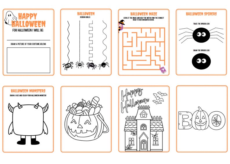 K&ouml;nnte beinhalten: Ein druckbares Halloween-Aktivit&auml;tsheft mit Schwarzwei&szlig;illustrationen. Das Heft enth&auml;lt Aktivit&auml;ten wie ein Labyrinth, ein Monster zum Ausmalen, eine Spinne zum Nachzeichnen und einen K&uuml;rbis zum Ausmalen. Der Text auf der Seite lautet "Happy Halloween", "Halloween-Labyrinth", "Halloween-Spinnen", "Halloween-Monster" und "BOO".