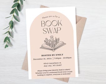 Bewerkbare uitnodiging voor het ruilen van boeken - uitnodiging voor boekenclub - uitnodiging voor boekenliefhebbers - booktok - evite boekenclub - evite boekenruil