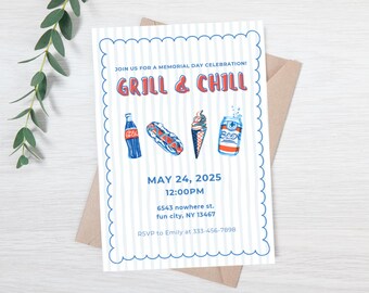 Editable memorial day party invitation - memorial day party evite - memorial day celebration - grill and chill - 4th of july cookout invite