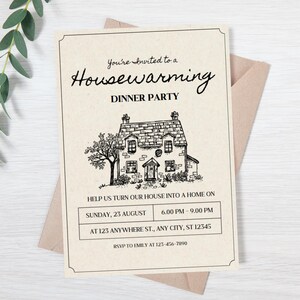 May include: A housewarming dinner party invitation with a black and white illustration of a house. The invitation includes the date, time, and address of the party. RSVP information is also included.