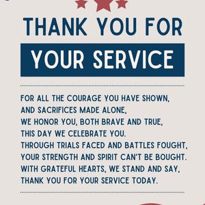 May include: A patriotic thank you card with a red, white, and blue American flag design. The card features the text "Dear Veteran, Thank You For Your Service" and a message of gratitude for veterans.