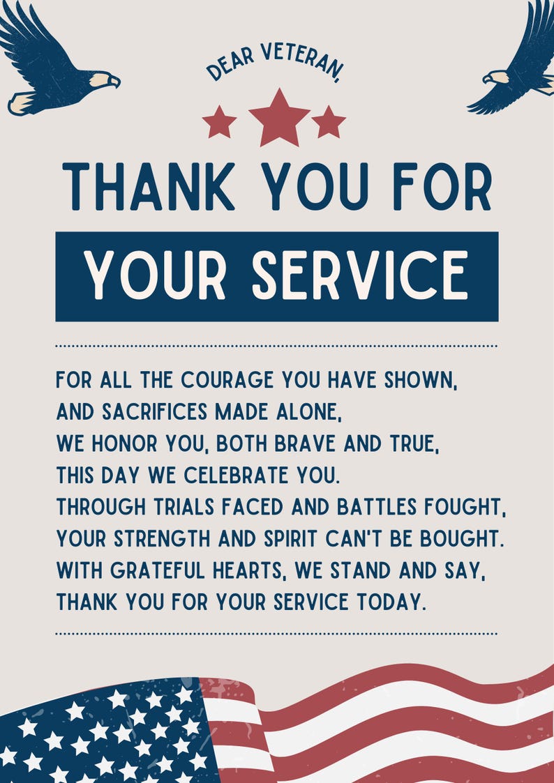 May include: A patriotic thank you card with a red, white, and blue American flag design. The card features the text "Dear Veteran, Thank You For Your Service" and a message of gratitude for veterans.