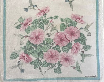 Hummingbird and Pink Hibiscus Linen Kitchen Towel