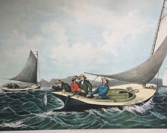 1968 Currier and Ives Trolling for Blue Fish Antique Illustration