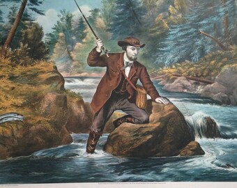 1968 Currier and Ives Brook Trout Fishing Antique Illustration
