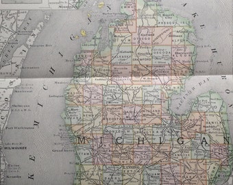1890 Political Map of Michigan Antique Illustration
