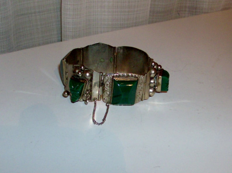 Code v Sterling Silver Mexican Jade Bracelet by Taxco