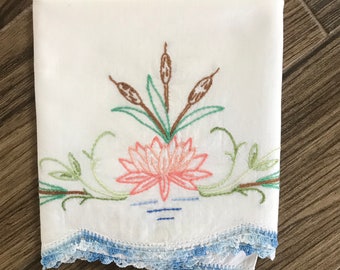 Hand Embroidered Water Lily Pillow Case with Hand Crocheted Edge