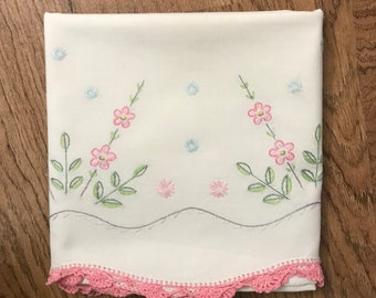 Hand Embroidered Pink, Green, and Floral Pillow Case with Hand Crocheted Edge