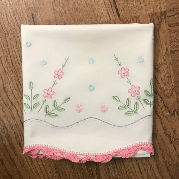 Hand Embroidered Pink, Green, and Floral Pillow Case with Hand Crocheted Edge