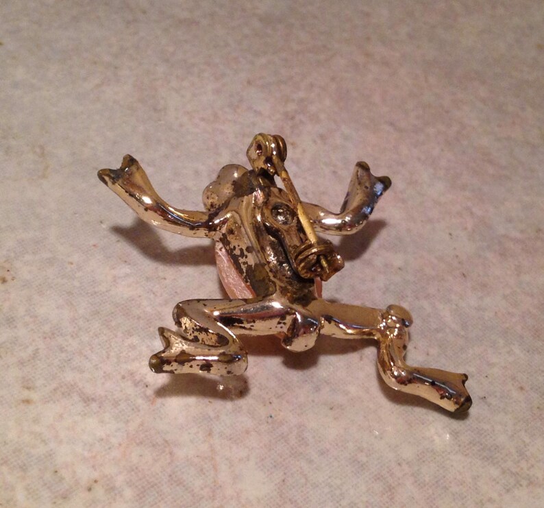 Pearly Peach Frog Brooch with Rhinestone Eyes