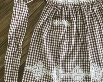 Brown and White Embroidered Gingham Apron