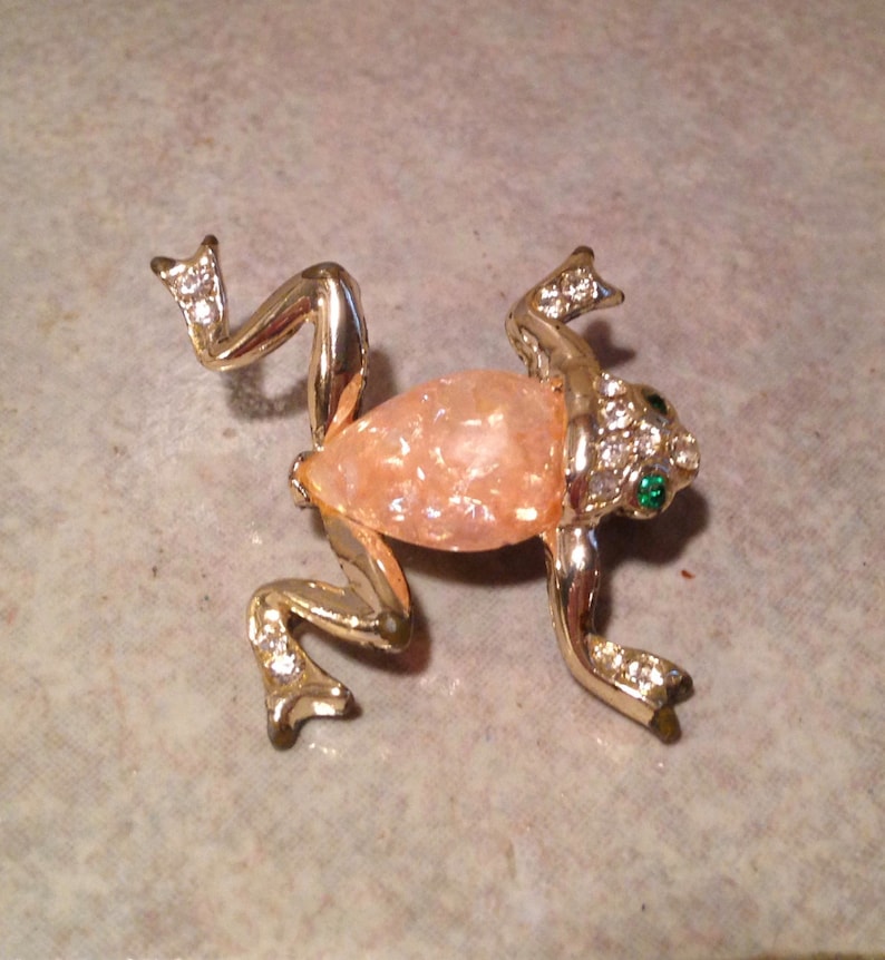 Pearly Peach Frog Brooch with Rhinestone Eyes