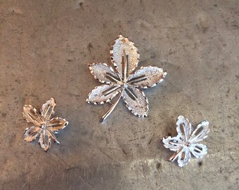 Leaf Silvertone Brooch and Earring Set by Sarah Coventry