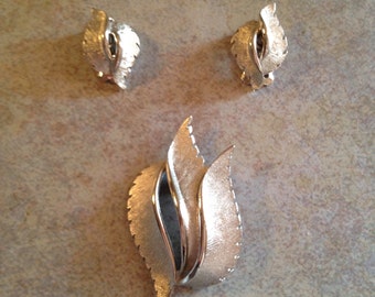 Silver Leaf Brooch and Earring Set