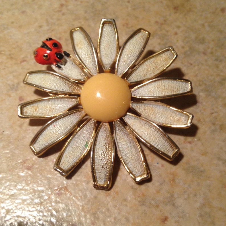 Ladybug and White Daisy Brooch by Weiss Etsy